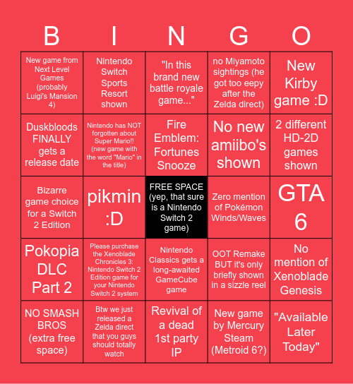 9.9.2026 Nintendo Direct Bingo! Bingo Card