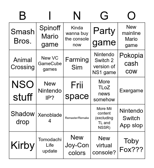 09.09.26 Nintendo Direct Bingo Card