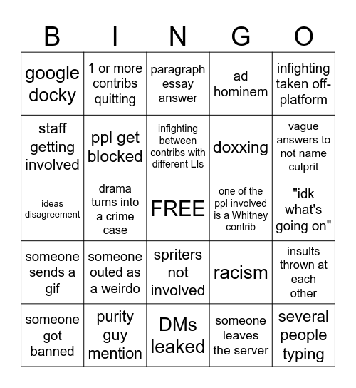 Contrib Chat Infighting Bingo Card