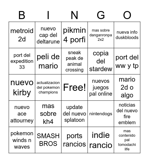 nintendo direct Bingo Card