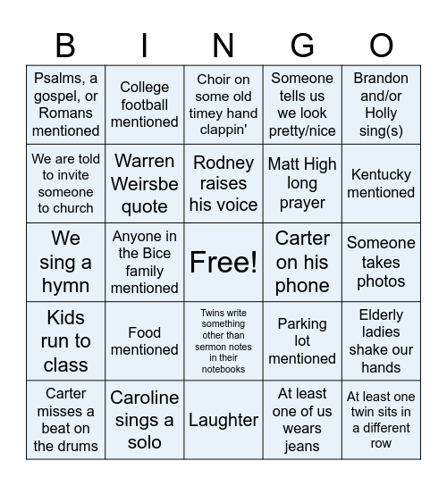 Waterville Service Bingo Card