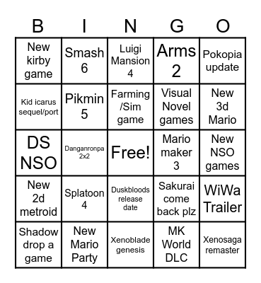 Nintendo direct co-op Bingo Card