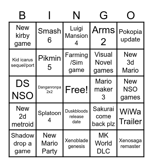 Nintendo direct co-op Bingo Card