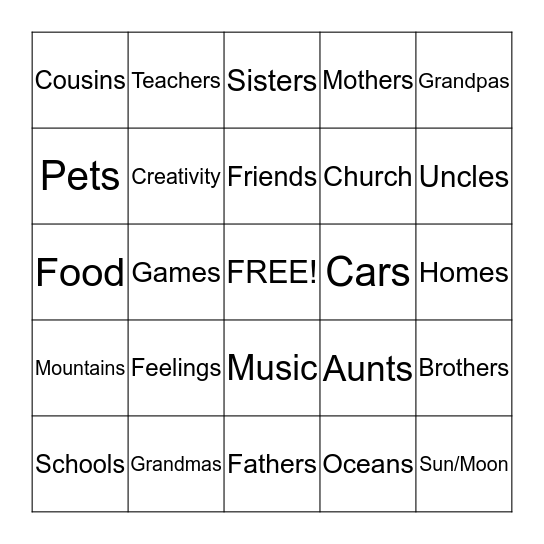 God's Gifts BINGO Card