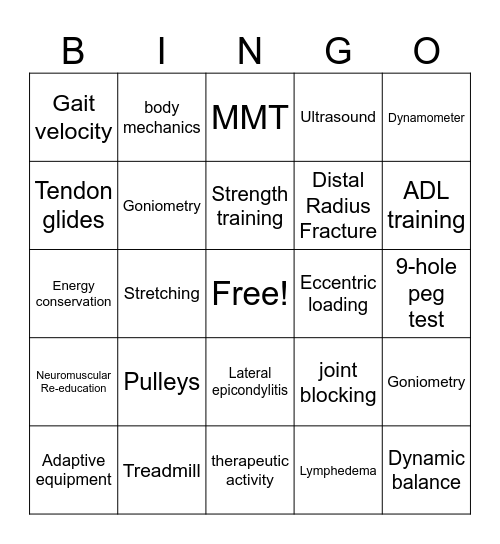 Rehab Week Bingo Card