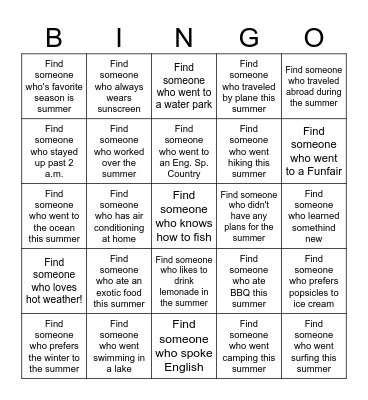 Find Someone Who - Summer Edition Bingo Card