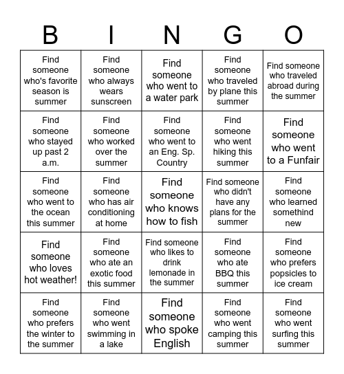 Find Someone Who - Summer Edition Bingo Card