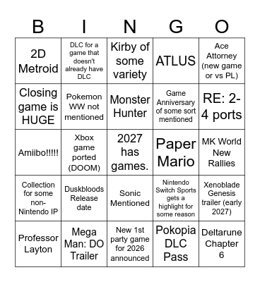 Nintendo Direct 9/9/26 Bingo Card