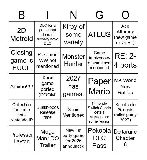Nintendo Direct 9/9/26 Bingo Card