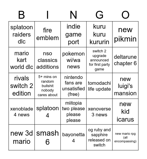 nintendo direct Bingo Card