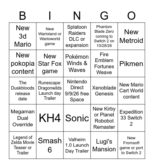 Nintendo Direct 9/9/2026 Bingo Card