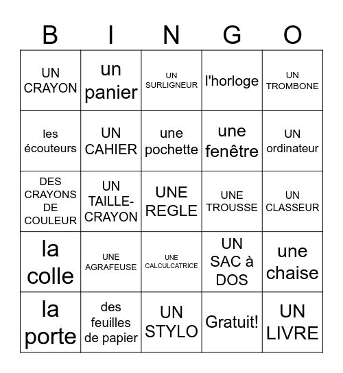 Les fourniture scolaires Bingo Card