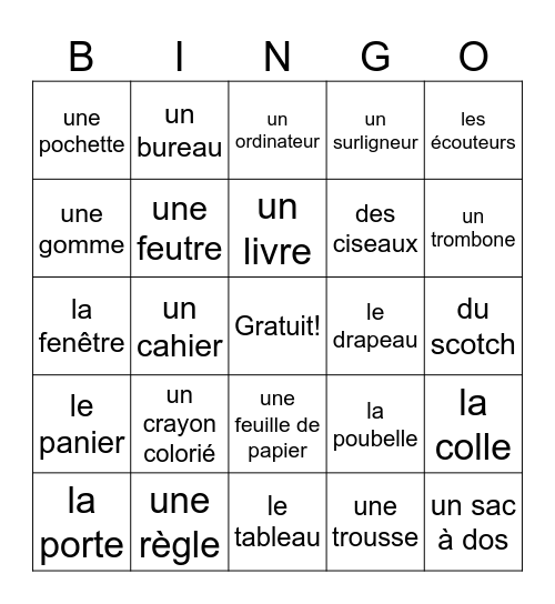Les Fournitures Scolaires Bingo Card