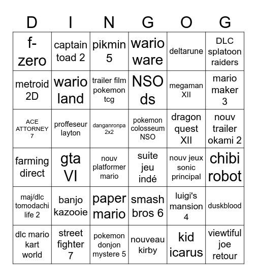 nintendo direct 09/2026 Bingo Card