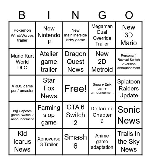 September 9th 2026 Nintendo Direct Predictions Bingo Card