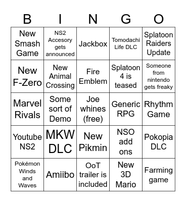 9/9 Nintendo Direct Bingo Card