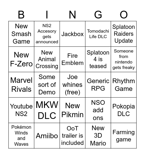 9/9 Nintendo Direct Bingo Card