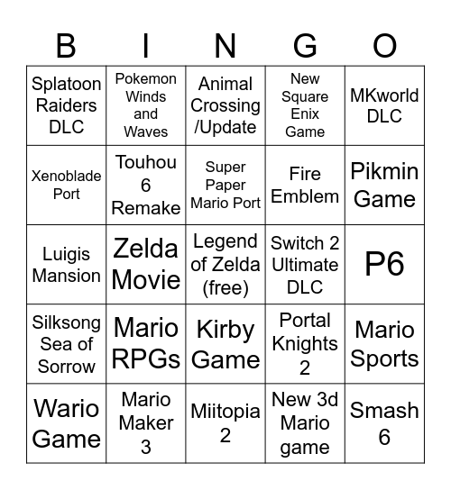 Nintendo Direct Bingo Card