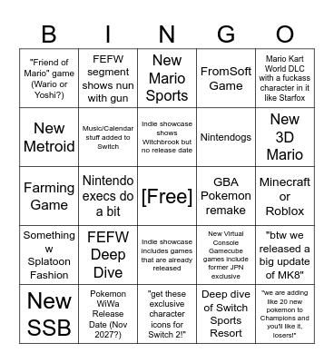 9-9 Nintendo Direct Bingo Card