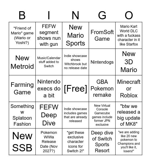 9-9 Nintendo Direct Bingo Card