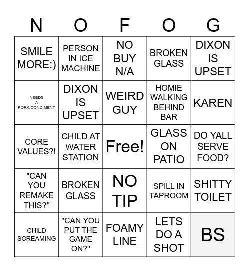 NOFO SHIFT BINGO Card