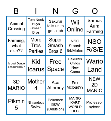Nintendo Direct Bingo Card