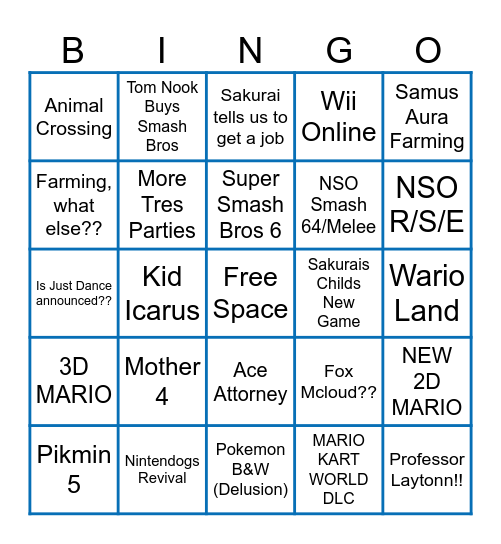 Nintendo Direct Bingo Card