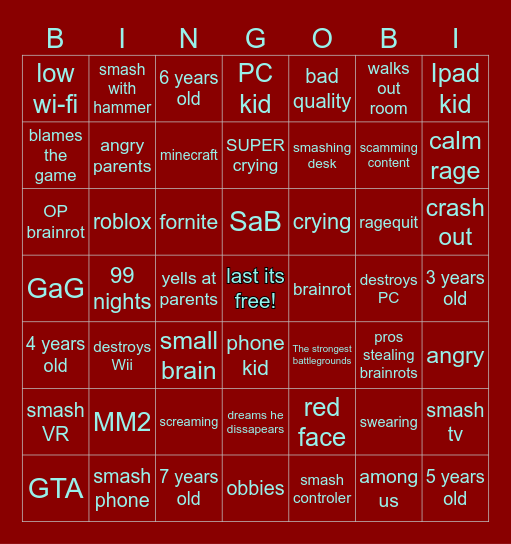 kids crashing out in games Bingo Card