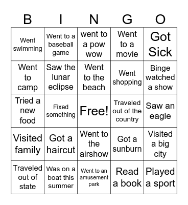 What I did this summer Bingo Card