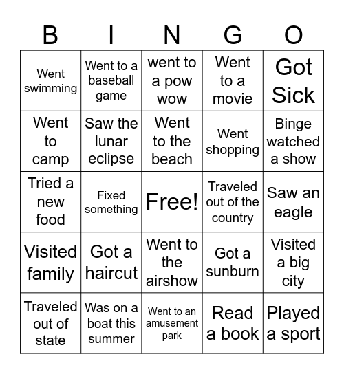 What I did this summer Bingo Card