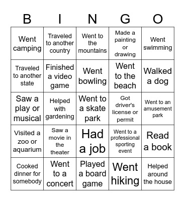 Summer Break Bingo Card