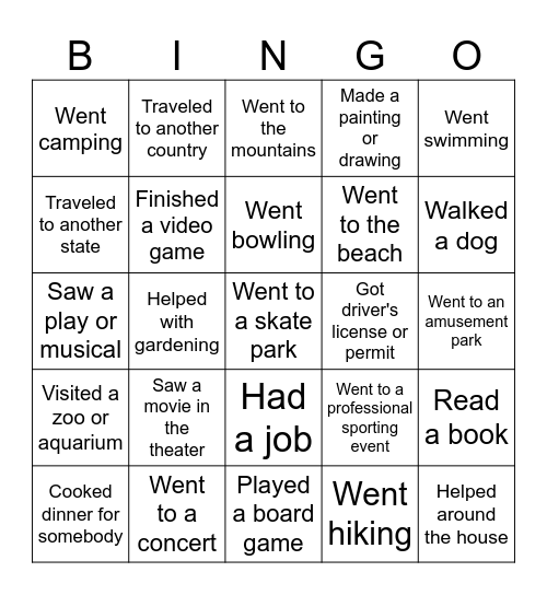 Summer Break Bingo Card
