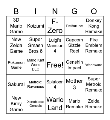 Nintendo Direct September 2026 Bingo Card