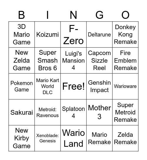 Nintendo Direct September 2026 Bingo Card
