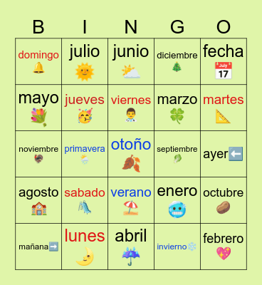 Days-Months-Seasons Bingo Card