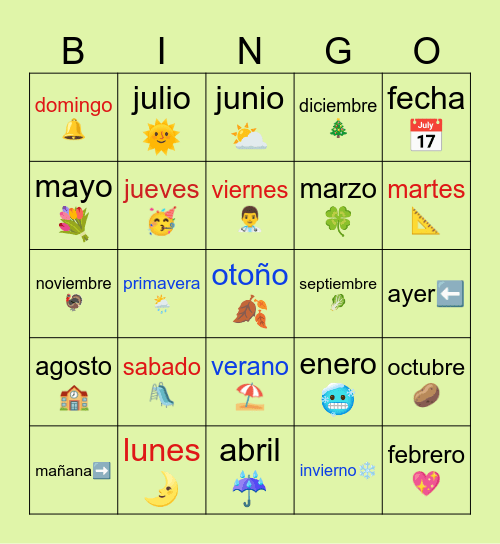 Days-Months-Seasons Bingo Card