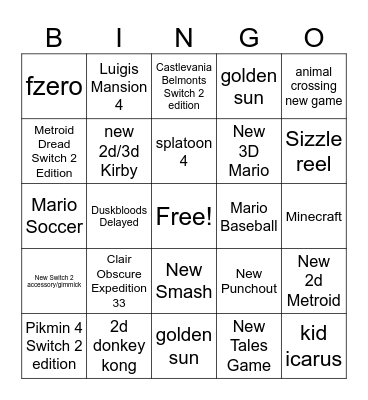 Dumpling's Nintendo Direct Card Bingo Card