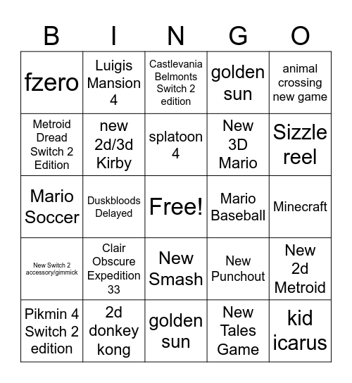 Dumpling's Nintendo Direct Card Bingo Card