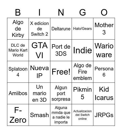 Nintendo Direct Bingo Card