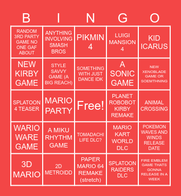 NINTEDO DIRECT 9.9.2026 PREDIC Bingo Card