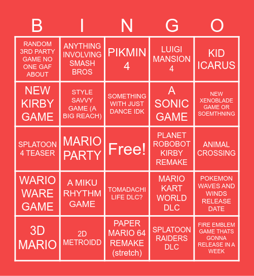 NINTEDO DIRECT 9.9.2026 PREDIC Bingo Card