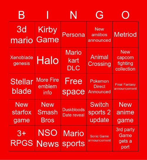 Nintendo Direct September 2026 Bingo Card