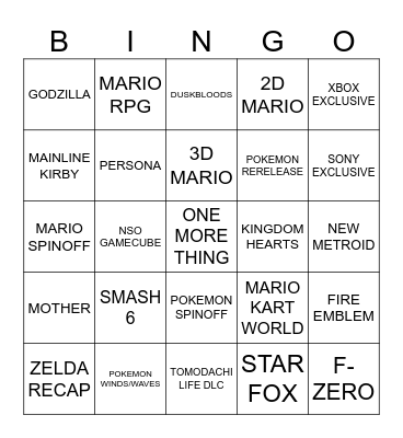 NINTENDO DIRECT Bingo Card