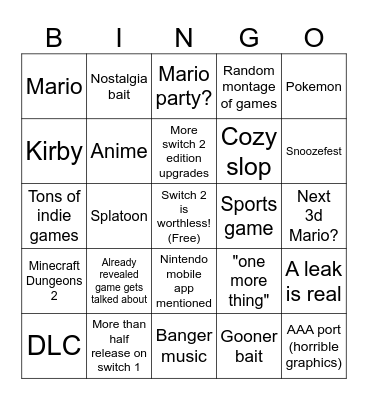 Nintendo direct September 2026 Bingo Card