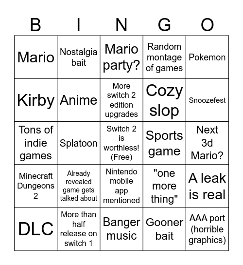 Nintendo direct September 2026 Bingo Card