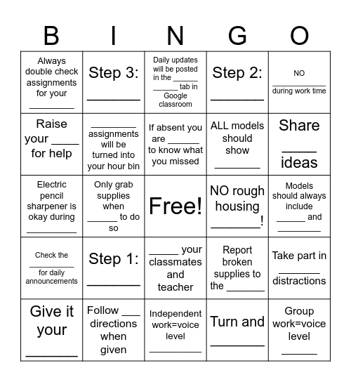 Science 8 Expectations/Procedures Bingo Card