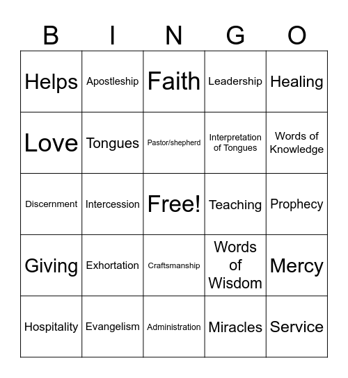 Spiritual Gifts Bingo Card