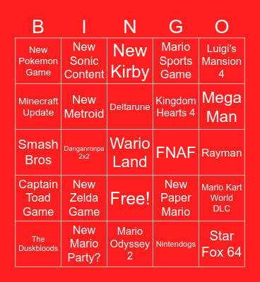 Nintendo Direct Announcements Bingo Card