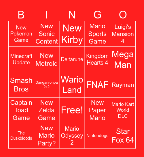 Nintendo Direct Announcements Bingo Card
