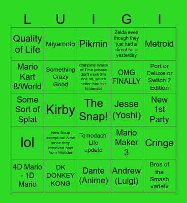 Nintendo Direct Bingo Card